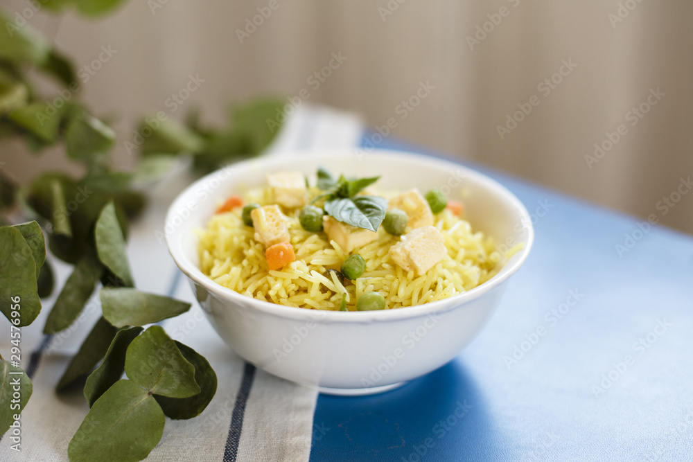 Traditional indian food with rice and chicken