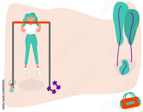 Healthy Lifestyle concept. Horizontal Banner. Active Fitness Sport outdoors on horizontal bar. Fit girl in sport outfits is doing exercises on horizontal bar on a street sports field.