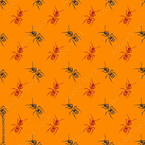 Pattern con formiche nere e rosse su sfondo arancio © sommaria