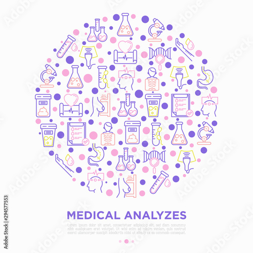 Medical analyzes concept in circle with thin line icons  blood test  urine test  stool  ECG  mammography  sperm  DNA  ultrasound  EEG  X-ray  gastroscopy. Vector illustration for laboratory web page.