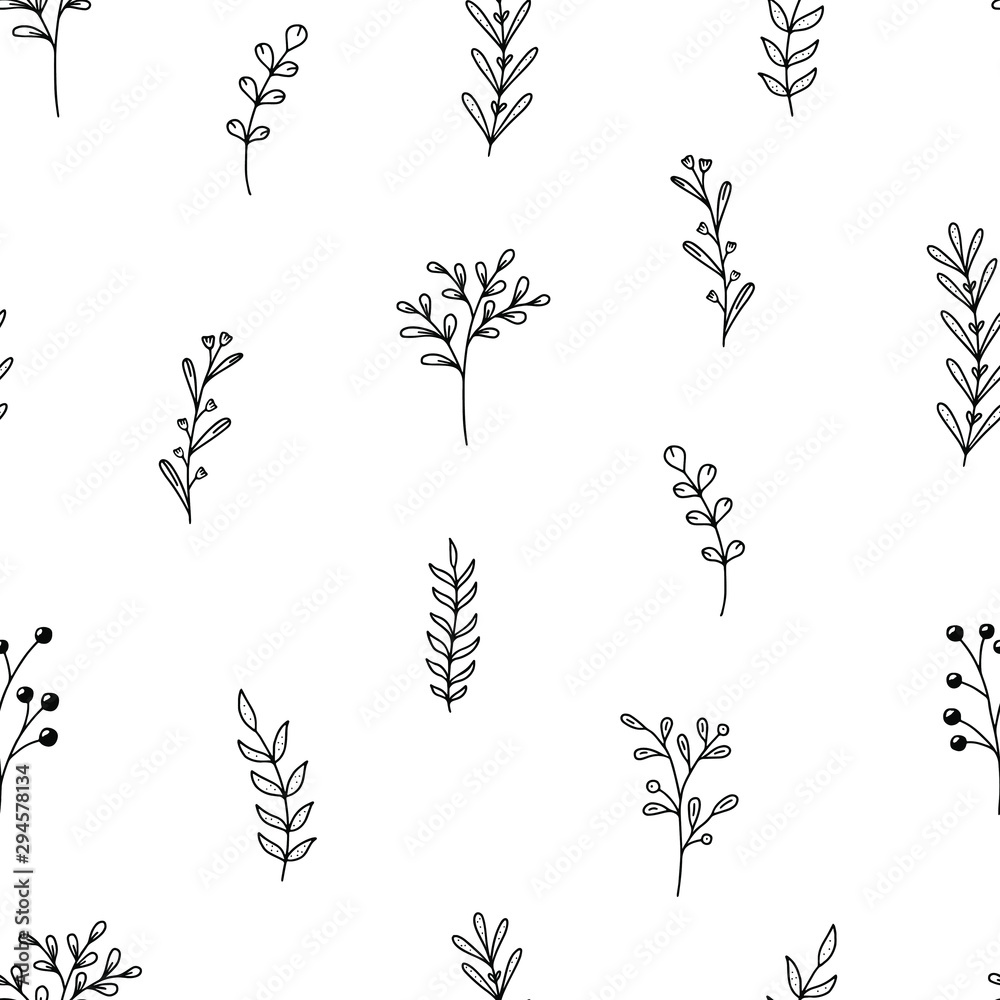 Floral seamless pattern. Simple doodle flowers and greens on white background. Hand drawn vector illustration for textile, fabric, paper. Cute contour design