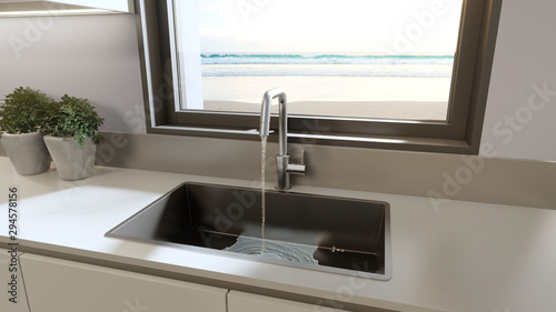 White clean counter and cabinet of modern sea view kitchen in beach house. Home interior decoration 3d rendering.