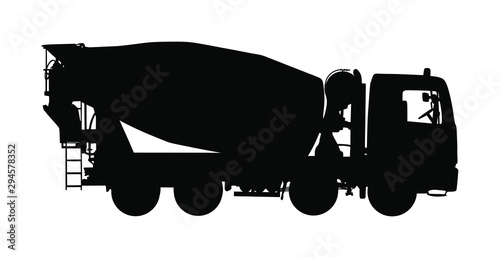 Concrete mixer truck vector silhouette isolated on white background. Industrial material transportation. Pouring cement mixer on construction site. Building industrial tool. Heavy industry machine.