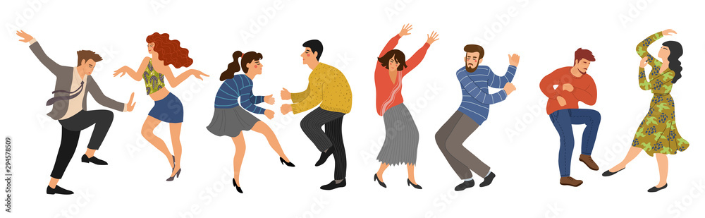 Group of young happy dancing people isolated on white background. Men and women in the dance. Vector illustration flat design. Group of young happy dancing people isolated on white background. Men and women in the dance. Vector illustration flat design.