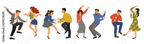 Group of young happy dancing people isolated on white background. Men and women in the dance. Vector illustration flat design.