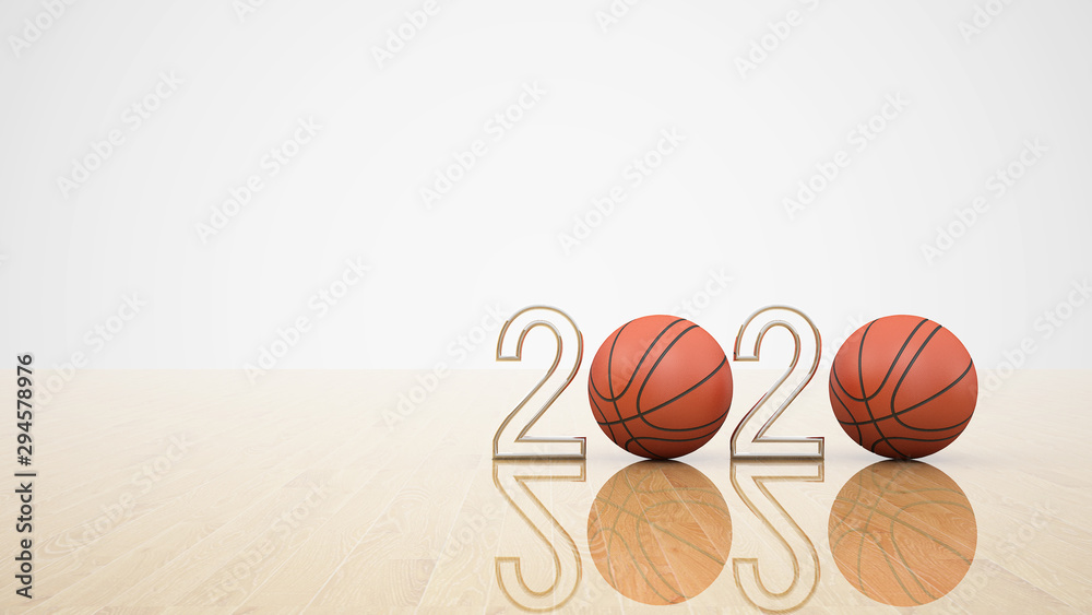 2020 metal on the wood floor background,3d rendering.basketball sport concept.Happy new year
