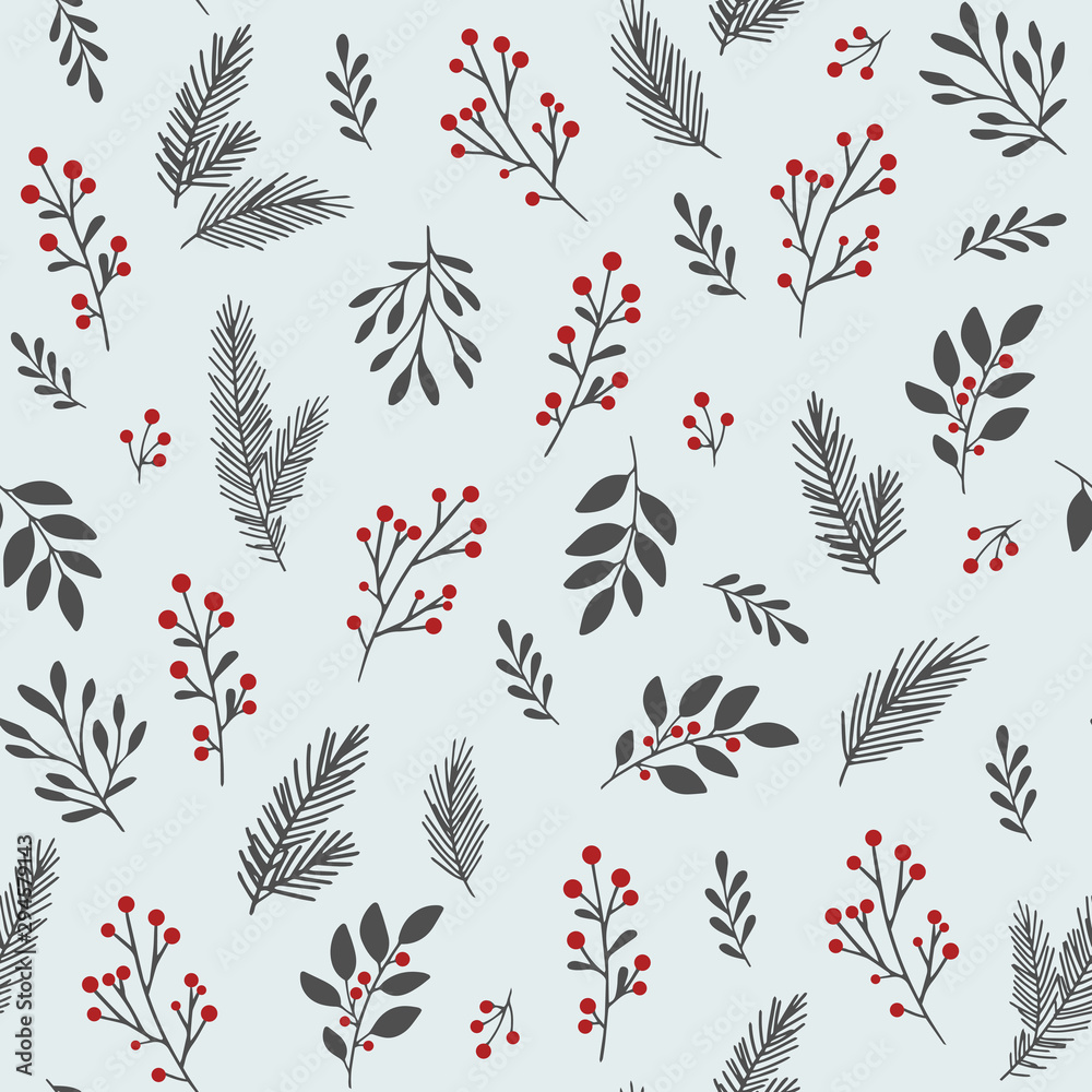 Naklejka Vector winter floral pattern. Hand drawn seamless background with winter branches and leaves. Hand drawn floral elements. Vintage botanical illustrations.