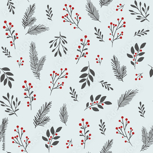 Vector winter floral pattern. Hand drawn seamless background with winter branches and leaves. Hand drawn floral elements. Vintage botanical illustrations. 