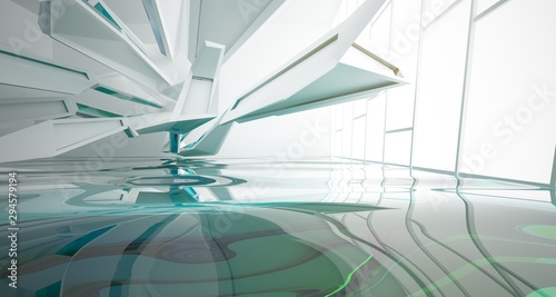 Abstract white interior with water and window. 3D illustration and rendering.