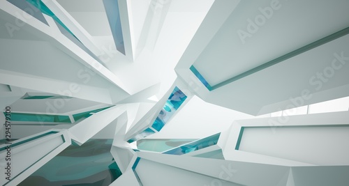 Abstract white interior with water and window. 3D illustration and rendering.