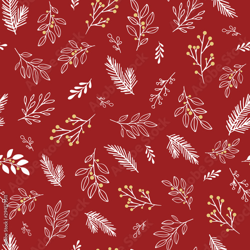Hand drawn vector winter floral pattern. Seamless background with winter branches and leaves. Hand drawn floral elements. Vintage botanical illustrations. 