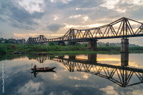 The Long Bien railway bridge crossing the Red River in Hanoi photo