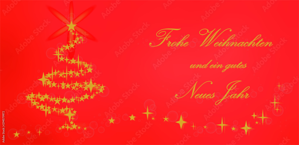 Weihnachtskarte Frohe Weihnachten und ein gutes neues Jahr mit Tannenbaum, Sternen und Schneeflocken auf rotem Hintergrund