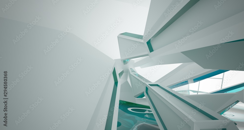Obraz premium Abstract white interior with water and window. 3D illustration and rendering.