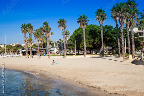 Sandy beach on the seafront of, Bandol, Alpes-Maritimes, Cote d'Azur, South of France, France, Europe