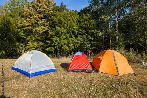 Camping tents at campsite near forest on autumn morning sunny daylight