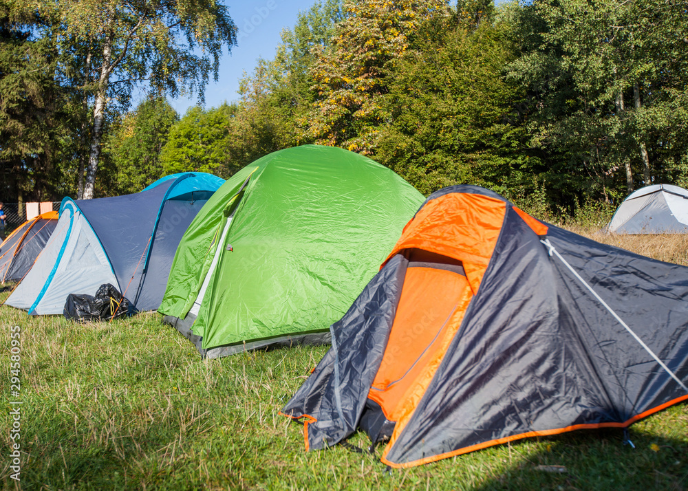 Camping tents at campsite near forest on autumn morning sunny daylight