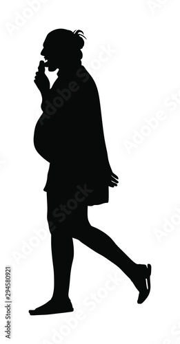 Pregnant woman vector silhouette isolated on white. Pregnant girl walking and eat ice cream. Elegant pregnant lady active life. Health care activity. Happy mother waiting baby to be born. sweet desert