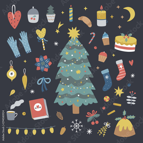 Christmas tree decorations and sweet food. Vector festive winter illustrations on dark background. Cozy hygge elements