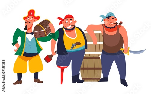 Pirates standing, gang of three bearded and armed sea robbers