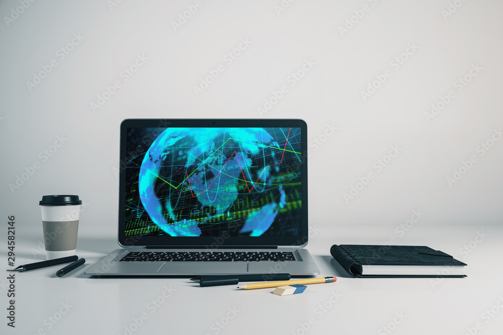 Laptop closeup with forex graph and world map on computer screen. Financial trading and education concept. 3d rendering. Laptop closeup with forex graph and world map on computer screen. Financial trading and education concept. 3d rendering.