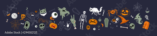Vector icon and element collection for Helloween greeting card and poster, party sign. Concept illustration with Sign and symbol. Flat design cartoon element.