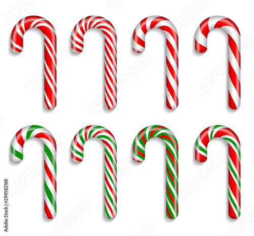 Set of traditional christmas candy canes on a white background.  3D vector. High detailed realistic illustration