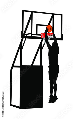 Basketball player stunt jumping and dunking silhouette isolated on white background. Basketball player making slam dunk vector illustration. Hoop and board vector silhouette illustration.