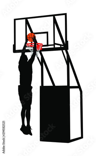 Basketball player stunt jumping and dunking silhouette isolated on white background. Basketball player making slam dunk vector illustration. Basketball hoop and board vector silhouette illustration.