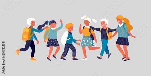 Group of friends schoolchildren character are laughing and talking. Stylish smiling boys and girls. Friendly group of go in school to study. Colorful cartoon concept vector illustration