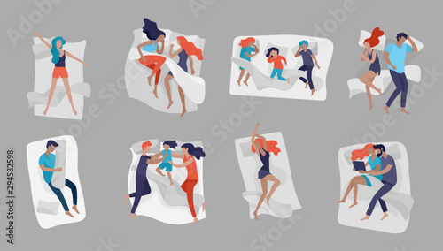 Collection of sleeping people character. Family with child are sleep in bed together and alone in various poses, different postures during night slumber. Top view. Colorful vector illustration
