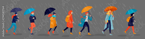 Various stylish people character go on street under umbrellas in warm clothes. Autumn rainy weather. Colored trendy cartoon vector illustration