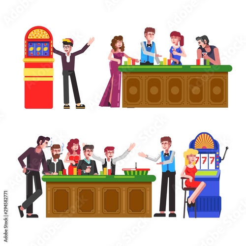 Casino players at roulette wheel, poker table and slot machines