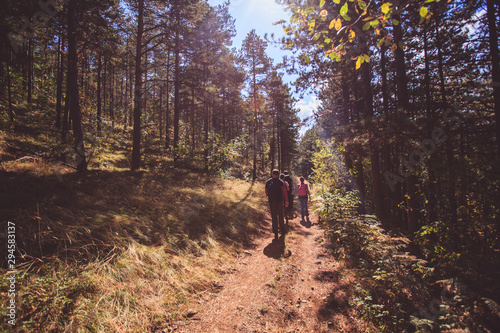 Rear view of unrecognizable people with backpack hiking in the nature