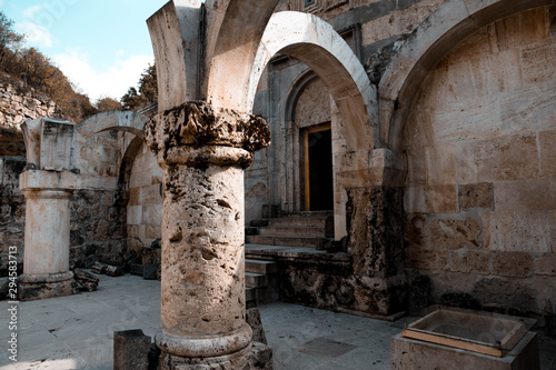 Archway and capitals in Haghartsin Monastery near Dilijan in Armenia