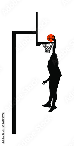 Basketball player stunt jumping and dunking silhouette isolated on white background. Basketball player making slam dunk vector illustration. Hoop and board vector silhouette illustration.