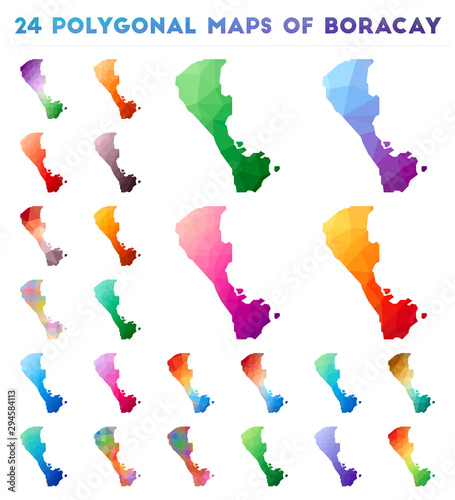 Set of vector polygonal maps of Boracay. Bright gradient map of island in low poly style. Multicolored Boracay map in geometric style for your infographics.