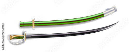 Antique Cavalry Saber With Black Blade Vector. Vintage Arm Blanche Saber With Silver And Golden Handle. Retro Aggression Weapon With Jewelry Metal Detail Template Realistic 3d Illustration