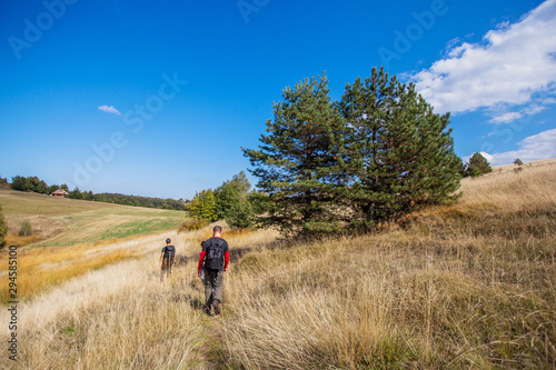 Rear view of unrecognizable people with backpack hiking in the nature
