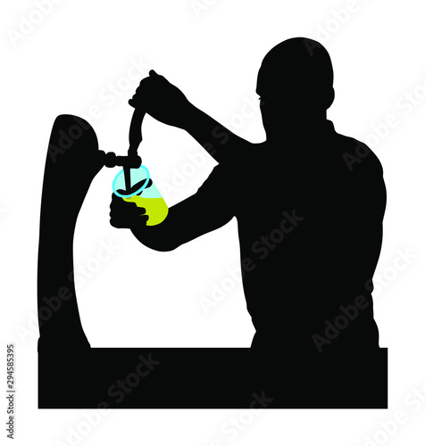 Bartender pouring beer for client vector silhouette isolated on white background. Dispensing beer in bar from metal spigots, tapping beer. Waiter man service drink for quests. Party beverage enjoy.
