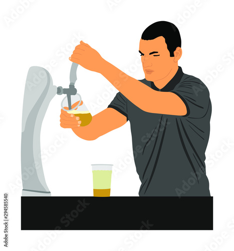 Bartender pouring beer for client vector illustration isolated on white background. Dispensing beer in bar from metal spigots, tapping beer. Waiter man service drink for quests. Party beverage enjoy.