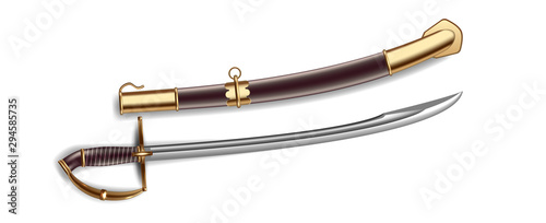 Beautiful Old Saber With Copper Handle Vector. Vintage Arm Blanche Saber With Sharp Blade And Holster. Antique Aggression Weapon Sword With Brass Detail Template Realistic 3d Illustration