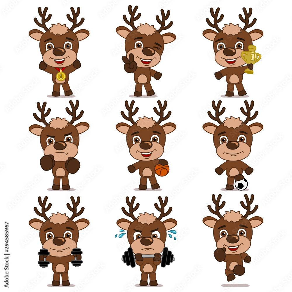 Set of deer athlete in different sports and with prizes isolated on white background Set of deer athlete in different sports and with prizes isolated on white background