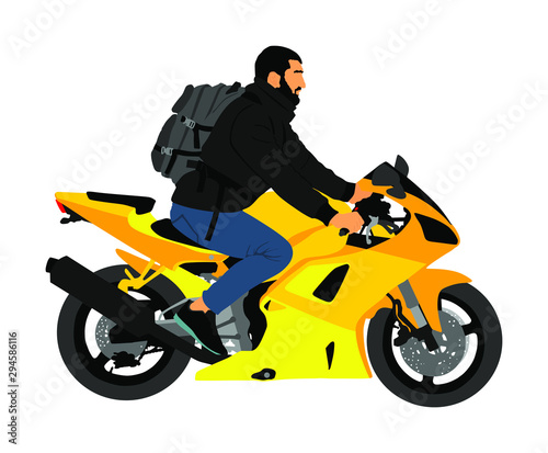 Biker driving a motorcycle rides along the asphalt road vector illustration. Freedom activity. Road travel by bike. Man on motorcycle with backpack. Boy motorbike rider. Freedom independence.
