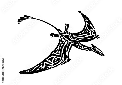 Ancient extinct jurassic eudimorphodon dinosaur vector illustration ink painted, hand drawn grunge prehistoric flying pterosaur reptile, black isolated silhouette on white background