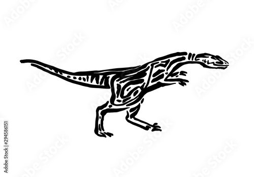 Ancient extinct jurassic iguanodon dinosaur vector illustration ink painted, hand drawn grunge prehistoric reptile, black isolated silhouette on white background