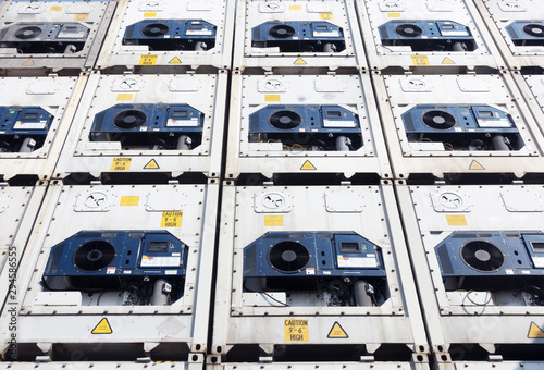 Reefer container shipping equipment are stacking on yard for logistics, shipping, transport, import & export.