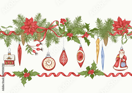 Christmas wreath of spruce, poinsettia, dog rose, cranberry, mistletoe with vintage decorations. Seamless pattern. Graphic drawing, engraving style. Vector illustration..