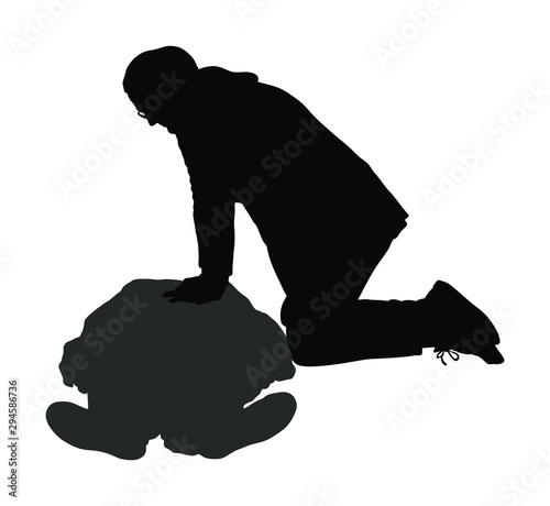 Paramedic rescue patient first aid vector silhouette. Help man in unconscious drowning accident. Drunk person overdose. CPR rescue team. Victim of hearth attack. Woman rescue man by heart massage.