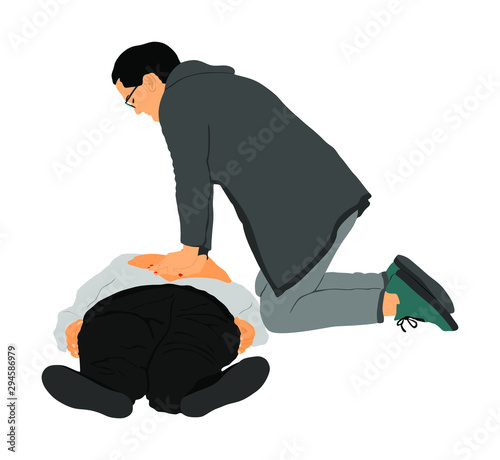 Paramedic rescue patient first aid vector illustration. Help man in unconscious drowning accident. Drunk person overdose. CPR rescue team. Victim of hearth attack. Woman rescue man by heart massage.
